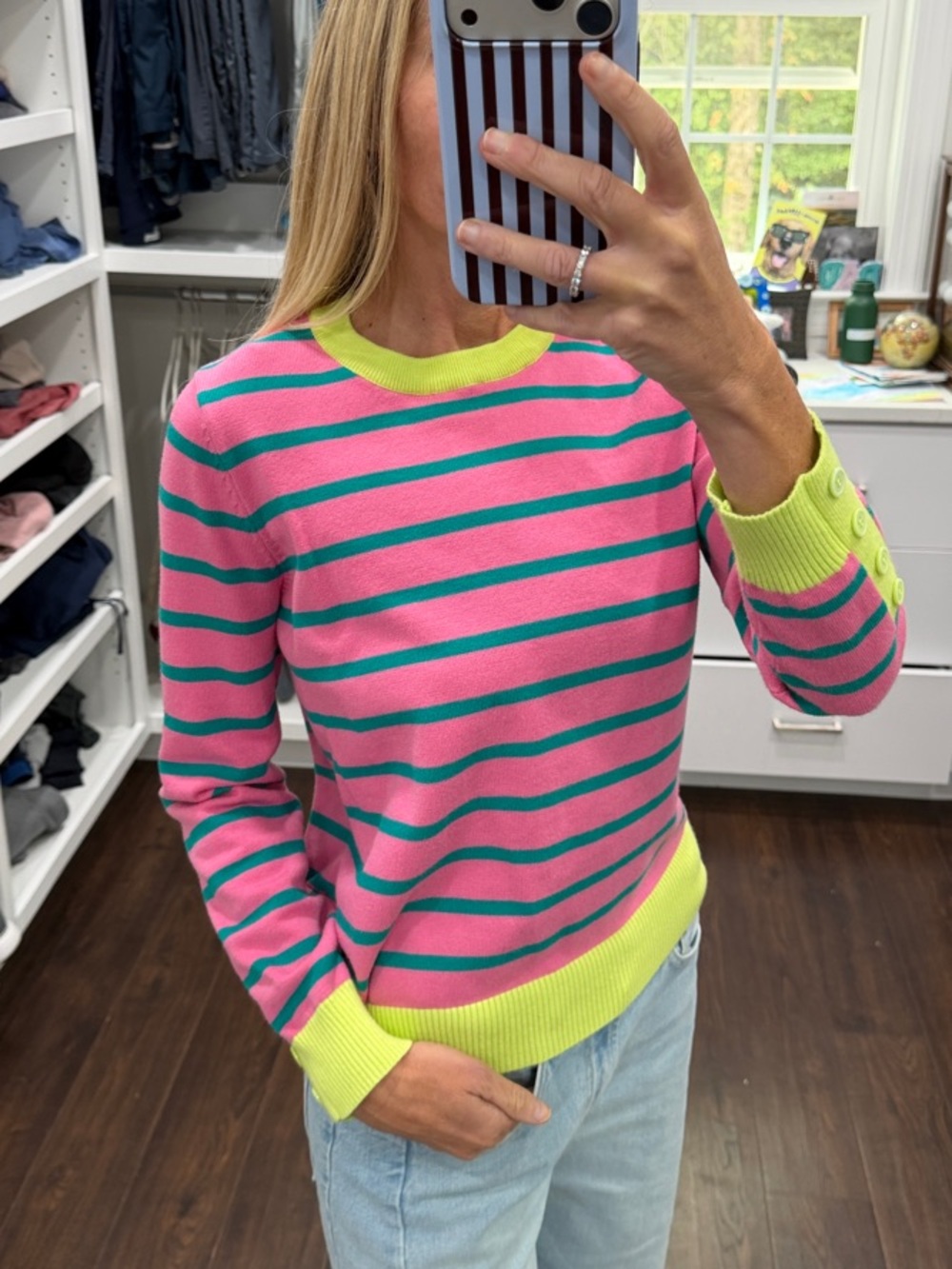 Amazon Pink & Green Striped Crewneck Sweater